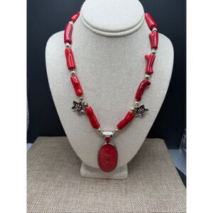 Artisan Sterling Silver Fossilized Coral Pendant Necklace with Red Coral Beads